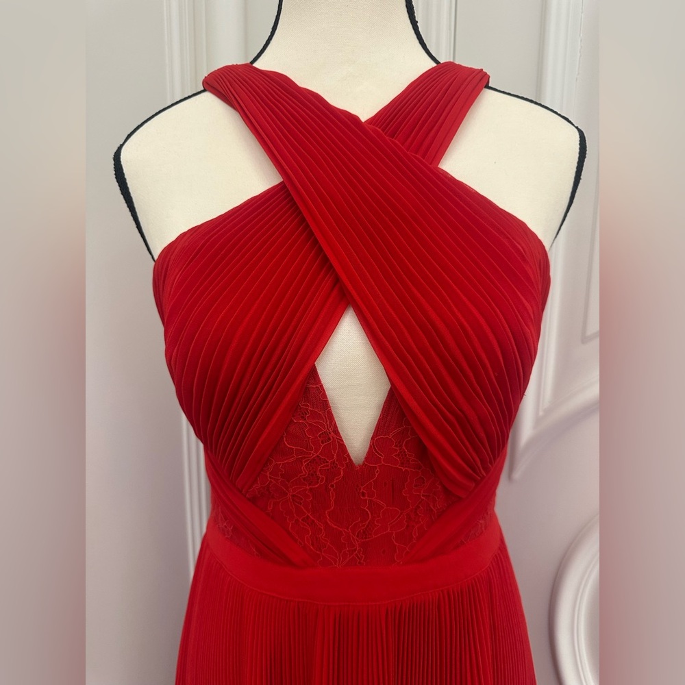 Guess Red Formal Lace Pleated Dress with Cut Out & Crisscross Neckline (Size 4) - Picture 4 of 13